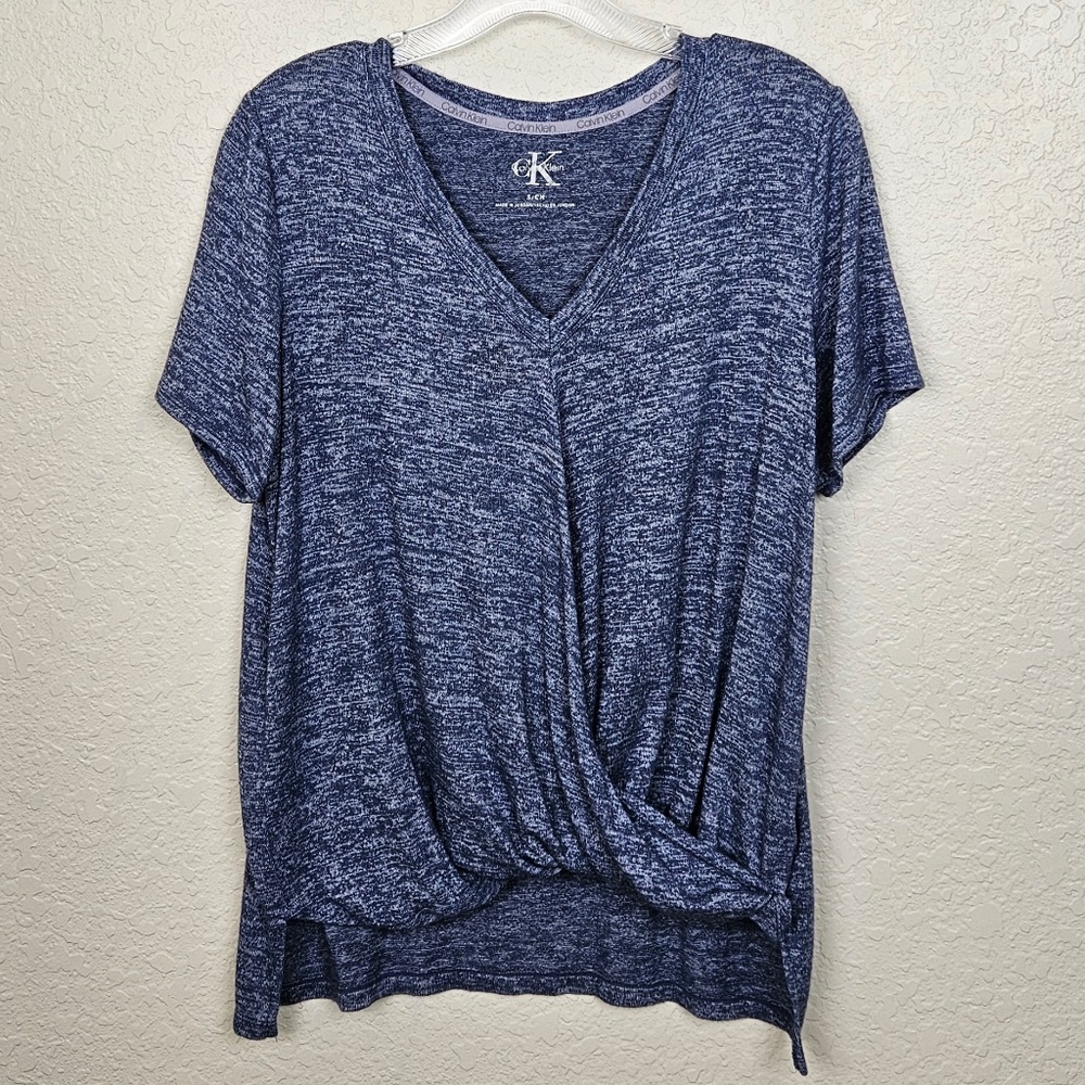 Calvin Klein Blue Heather Faux Wrap V-Neck Stretch Blouson T-Shirt Women's Small - Picture 2 of 6